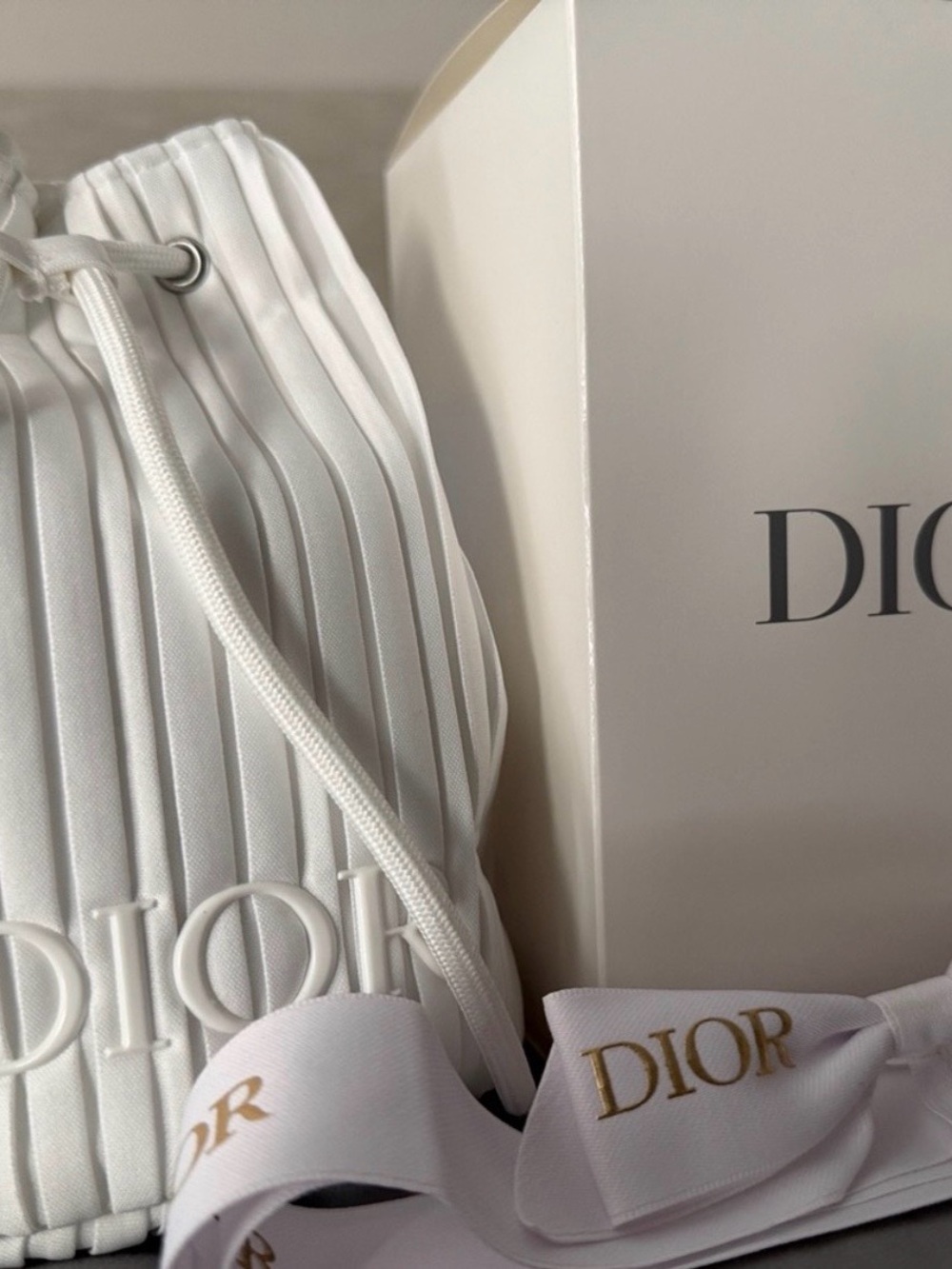 Dior White Pleated Drawstring Pouch with Branded Ribbon